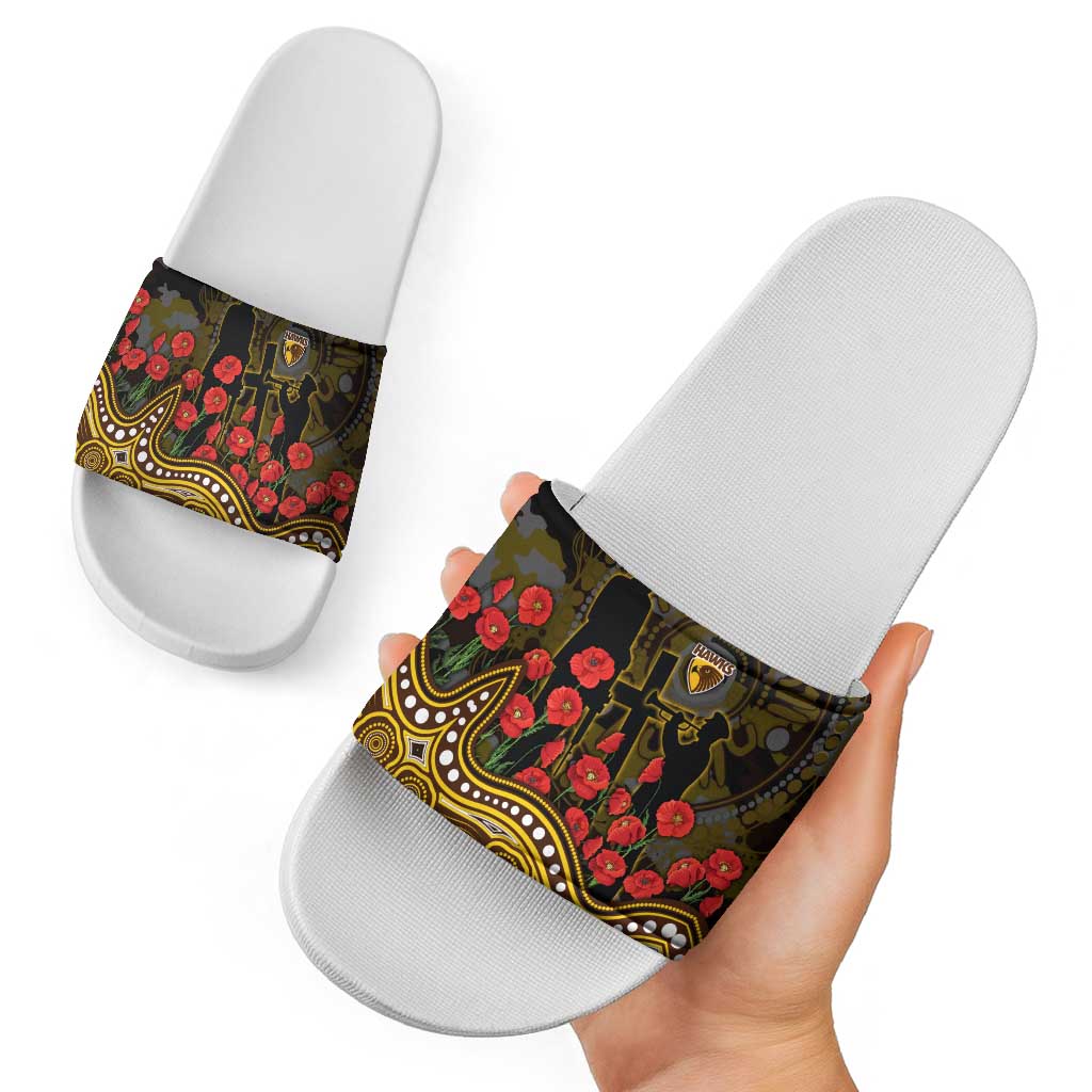 Hawthorn Hawks ANZAC Day Slide Sandals Indigenous Dot Art with Poppy Flower Tribute
