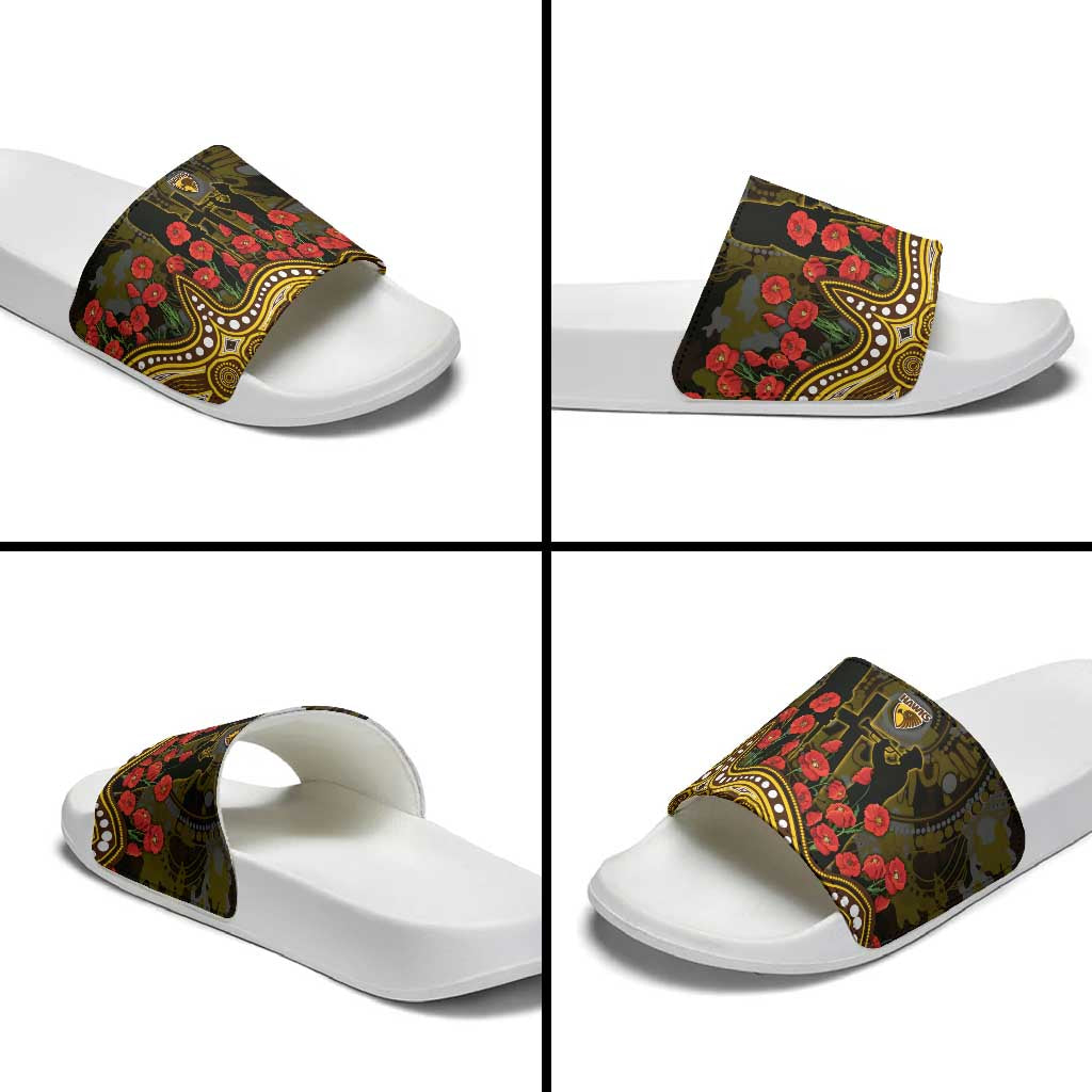 Hawthorn Hawks ANZAC Day Slide Sandals Indigenous Dot Art with Poppy Flower Tribute