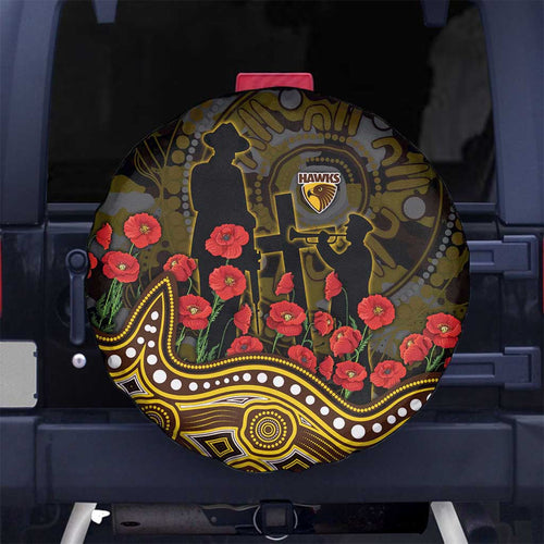 Hawthorn Hawks ANZAC Day Spare Tire Cover Indigenous Dot Art with Poppy Flower Tribute