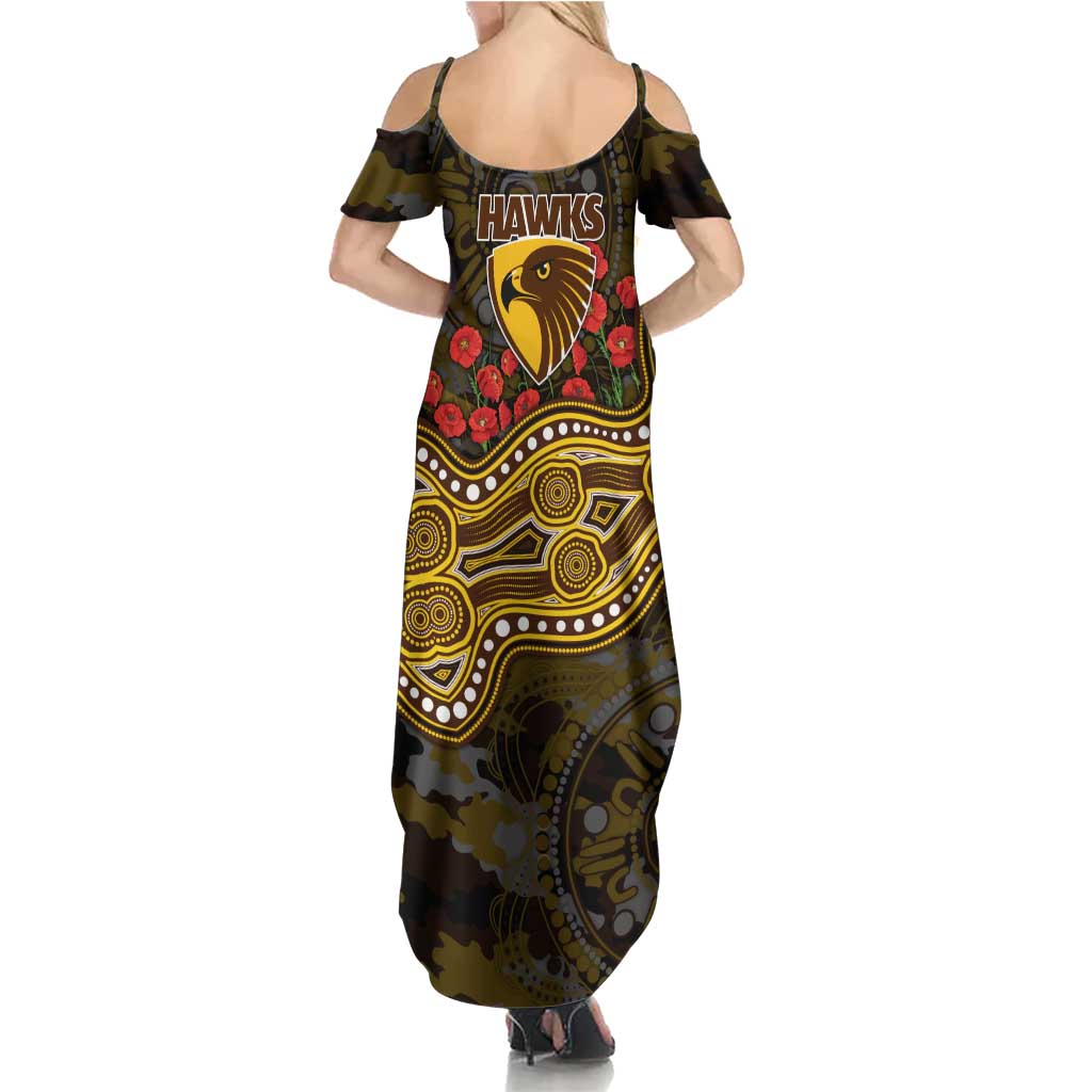 Hawthorn Hawks ANZAC Day Summer Maxi Dress Indigenous Dot Art with Poppy Flower Tribute
