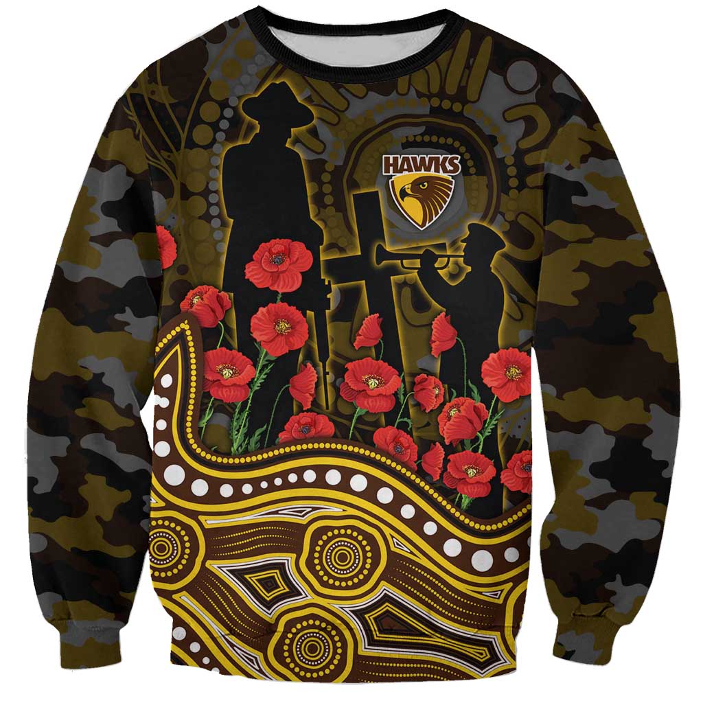 Hawthorn Hawks ANZAC Day Sweatshirt Indigenous Dot Art with Poppy Flower Tribute
