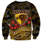 Hawthorn Hawks ANZAC Day Sweatshirt Indigenous Dot Art with Poppy Flower Tribute