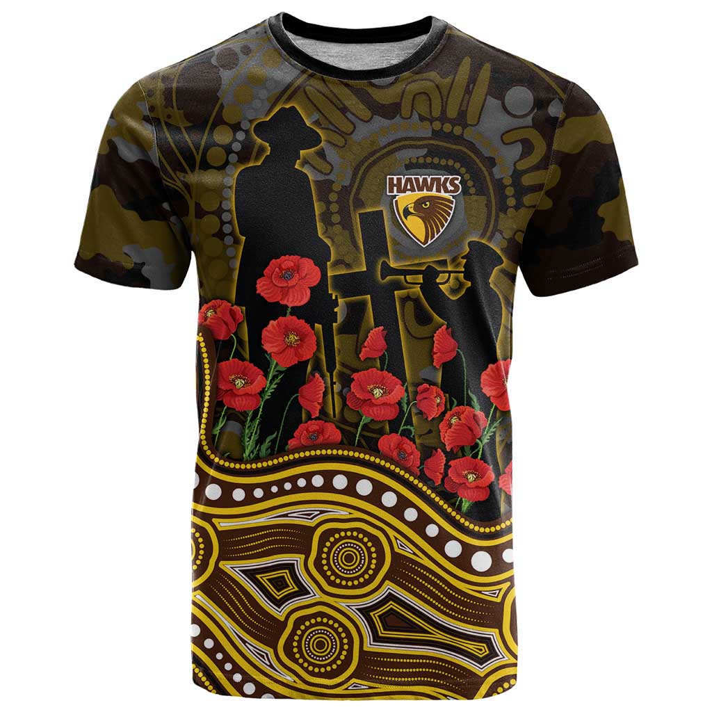 Hawthorn Hawks ANZAC Day T Shirt Indigenous Dot Art with Poppy Flower Tribute
