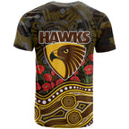 Hawthorn Hawks ANZAC Day T Shirt Indigenous Dot Art with Poppy Flower Tribute