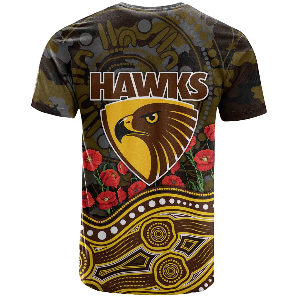 Hawthorn Hawks ANZAC Day T Shirt Indigenous Dot Art with Poppy Flower Tribute