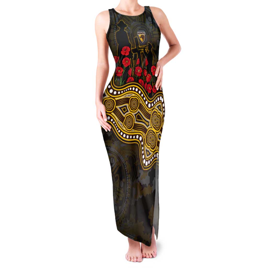 Hawthorn Hawks ANZAC Day Tank Maxi Dress Indigenous Dot Art with Poppy Flower Tribute