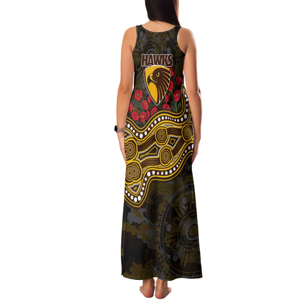 Hawthorn Hawks ANZAC Day Tank Maxi Dress Indigenous Dot Art with Poppy Flower Tribute
