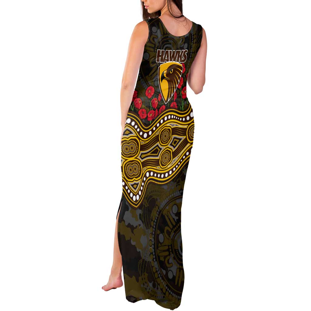 Hawthorn Hawks ANZAC Day Tank Maxi Dress Indigenous Dot Art with Poppy Flower Tribute