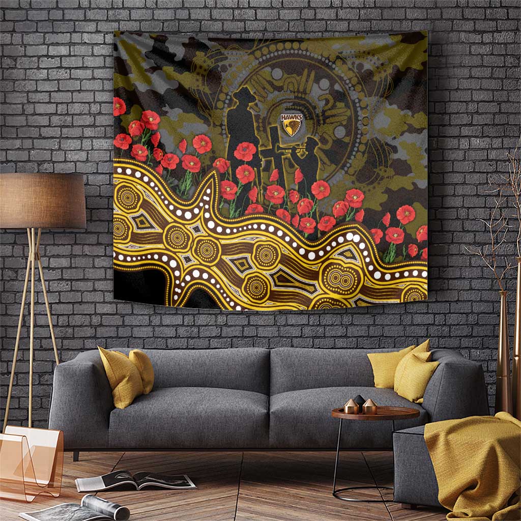 Hawthorn Hawks ANZAC Day Tapestry Indigenous Dot Art with Poppy Flower Tribute
