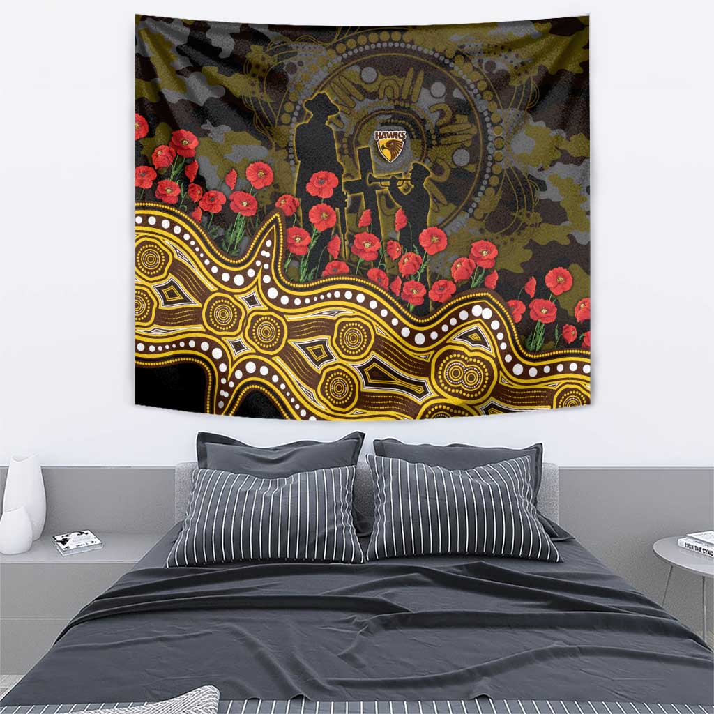 Hawthorn Hawks ANZAC Day Tapestry Indigenous Dot Art with Poppy Flower Tribute