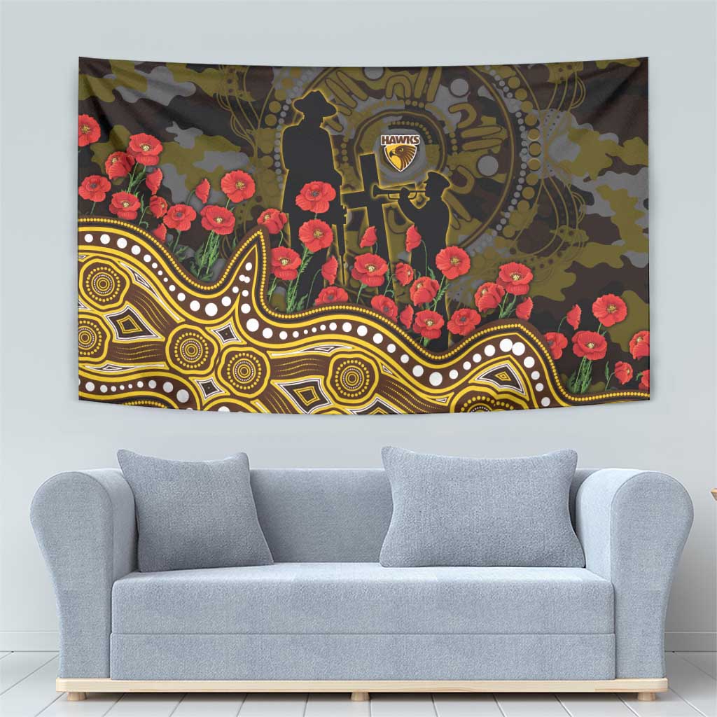 Hawthorn Hawks ANZAC Day Tapestry Indigenous Dot Art with Poppy Flower Tribute