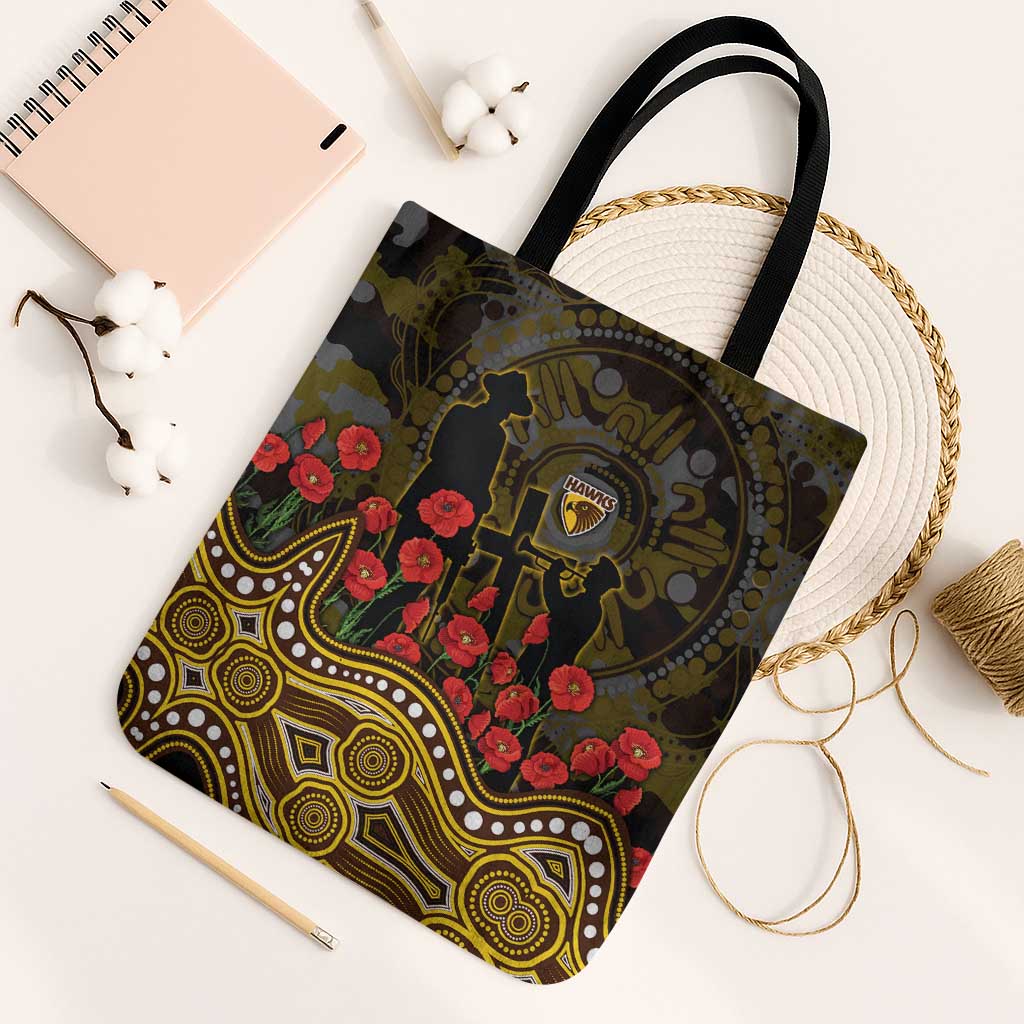 Hawthorn Hawks ANZAC Day Tote Bag Indigenous Dot Art with Poppy Flower Tribute