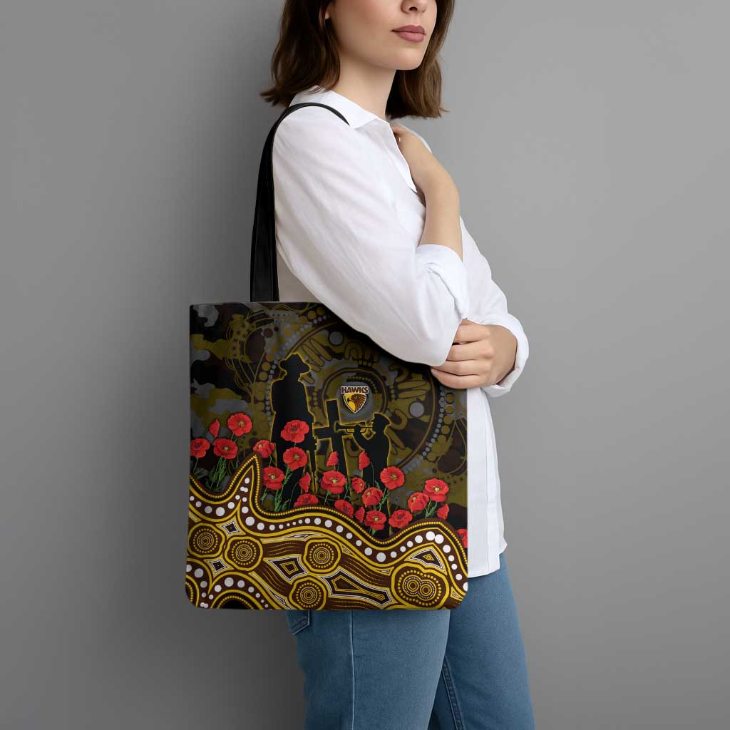 Hawthorn Hawks ANZAC Day Tote Bag Indigenous Dot Art with Poppy Flower Tribute