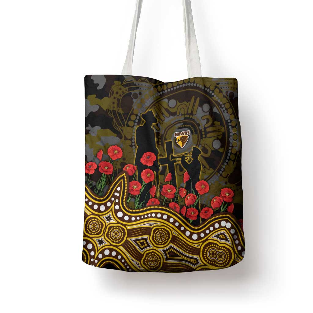 Hawthorn Hawks ANZAC Day Tote Bag Indigenous Dot Art with Poppy Flower Tribute