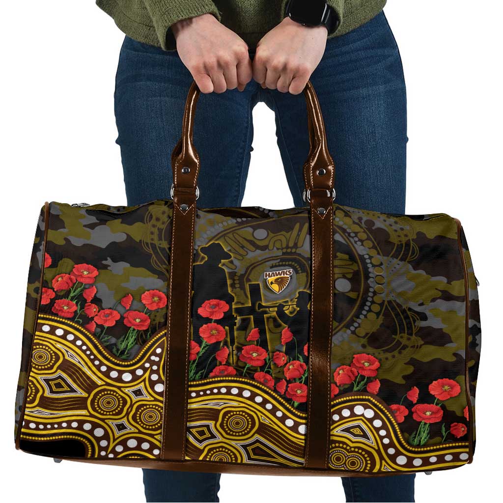Hawthorn Hawks ANZAC Day Travel Bag Indigenous Dot Art with Poppy Flower Tribute