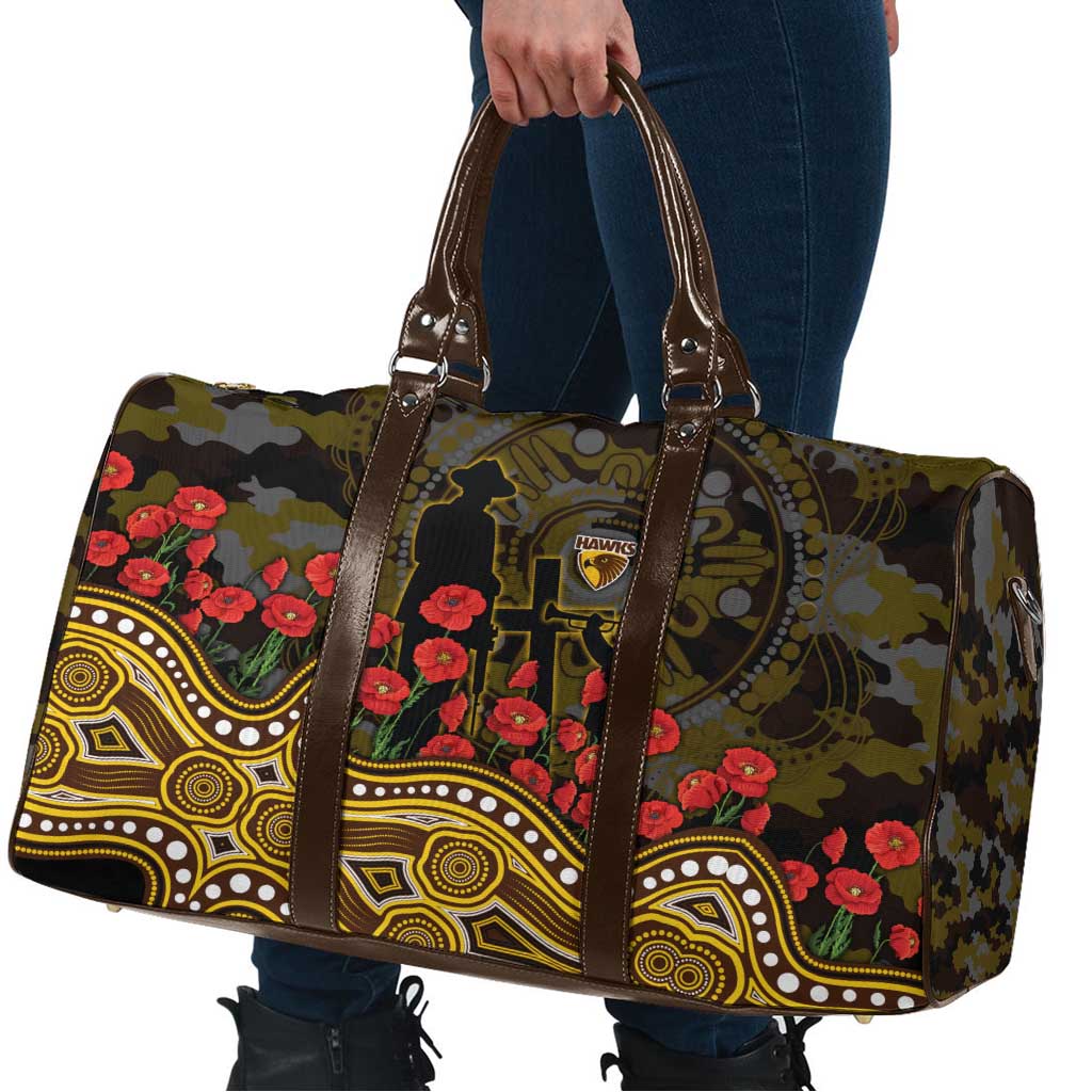 Hawthorn Hawks ANZAC Day Travel Bag Indigenous Dot Art with Poppy Flower Tribute