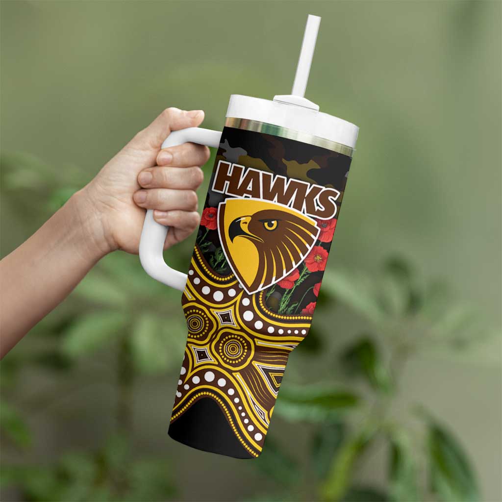 Hawthorn Hawks ANZAC Day Tumbler With Handle Indigenous Dot Art with Poppy Flower Tribute