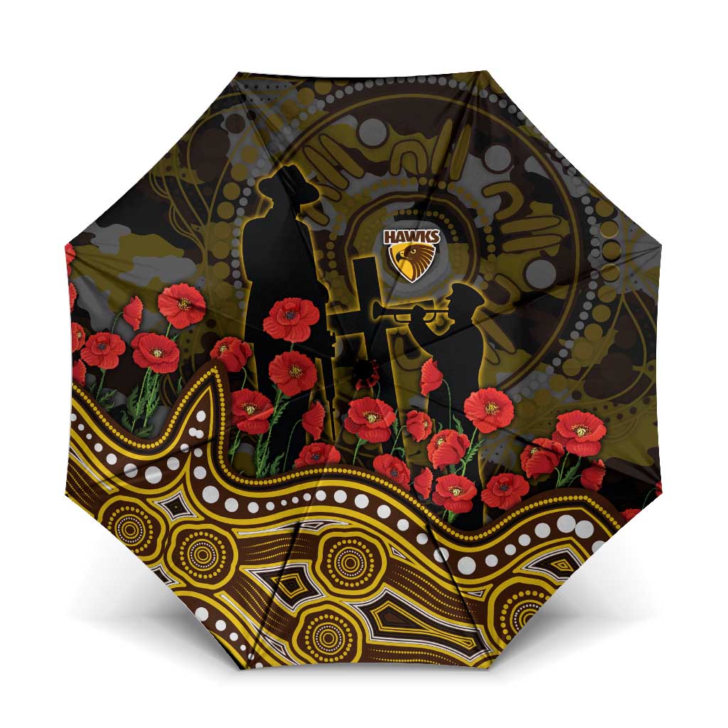 Hawthorn Hawks ANZAC Day Umbrella Indigenous Dot Art with Poppy Flower Tribute