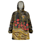 Hawthorn Hawks ANZAC Day Wearable Blanket Hoodie Indigenous Dot Art with Poppy Flower Tribute