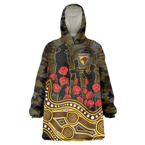 Hawthorn Hawks ANZAC Day Wearable Blanket Hoodie Indigenous Dot Art with Poppy Flower Tribute