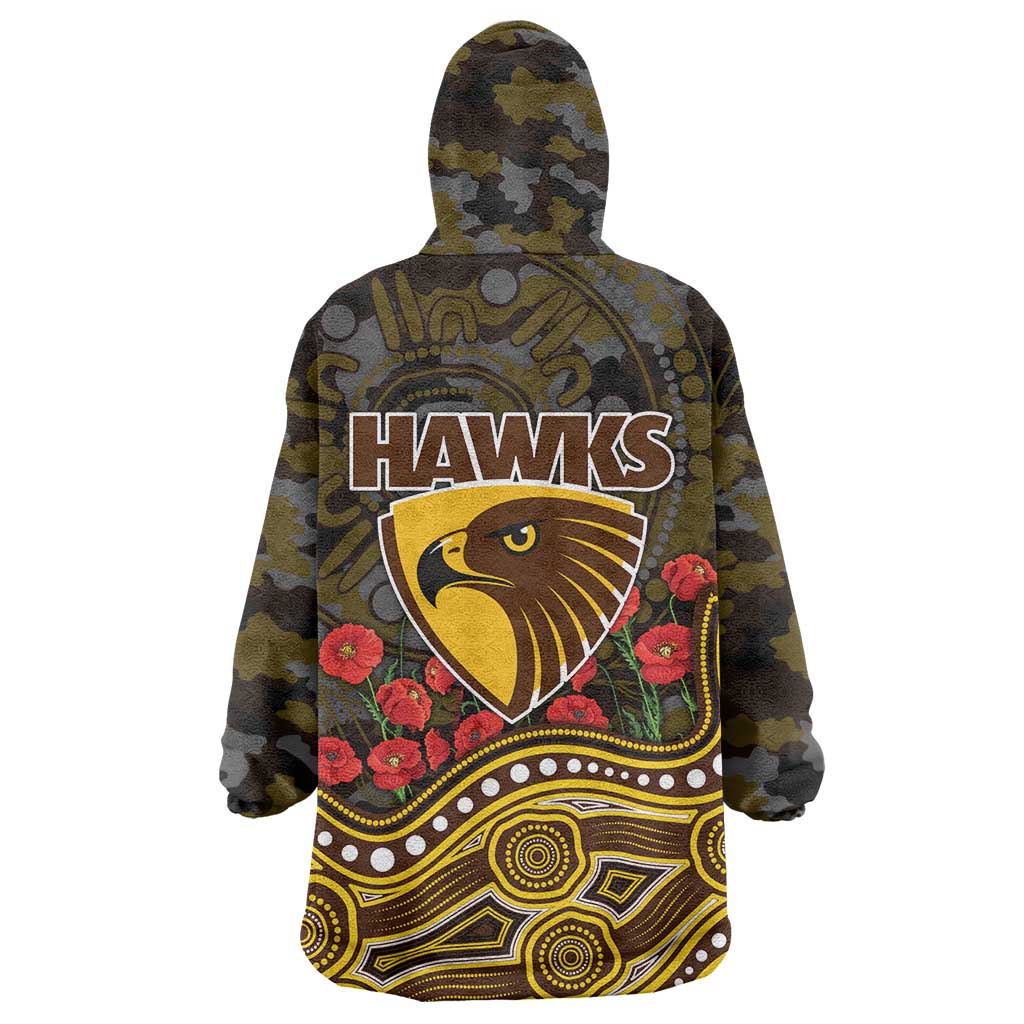 Hawthorn Hawks ANZAC Day Wearable Blanket Hoodie Indigenous Dot Art with Poppy Flower Tribute