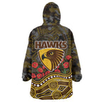 Hawthorn Hawks ANZAC Day Wearable Blanket Hoodie Indigenous Dot Art with Poppy Flower Tribute