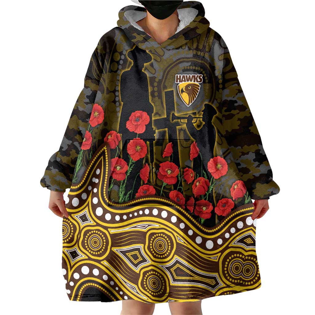 Hawthorn Hawks ANZAC Day Wearable Blanket Hoodie Indigenous Dot Art with Poppy Flower Tribute