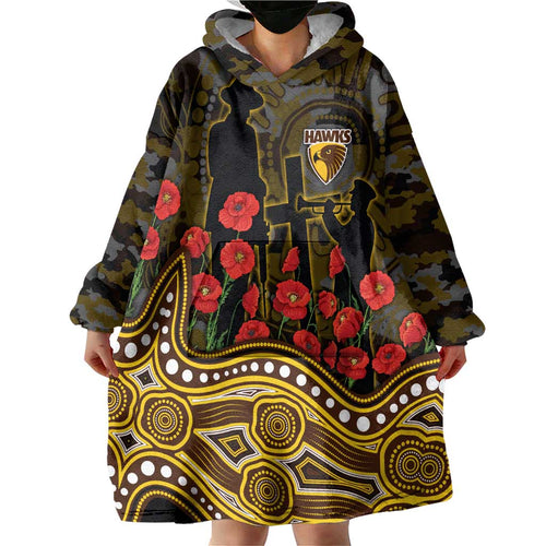 Hawthorn Hawks ANZAC Day Wearable Blanket Hoodie Indigenous Dot Art with Poppy Flower Tribute