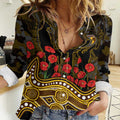 Hawthorn Hawks ANZAC Day Women Casual Shirt Indigenous Dot Art with Poppy Flower Tribute