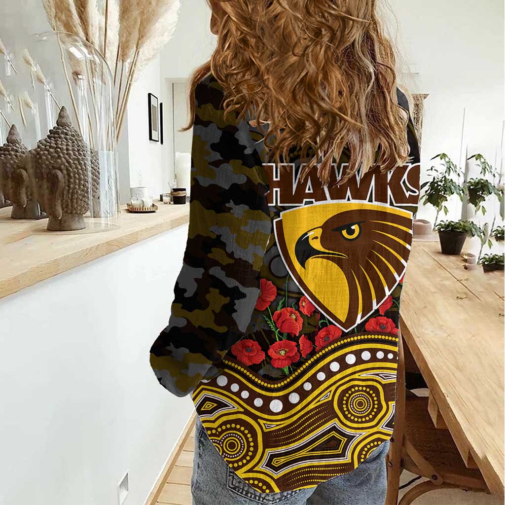 Hawthorn Hawks ANZAC Day Women Casual Shirt Indigenous Dot Art with Poppy Flower Tribute