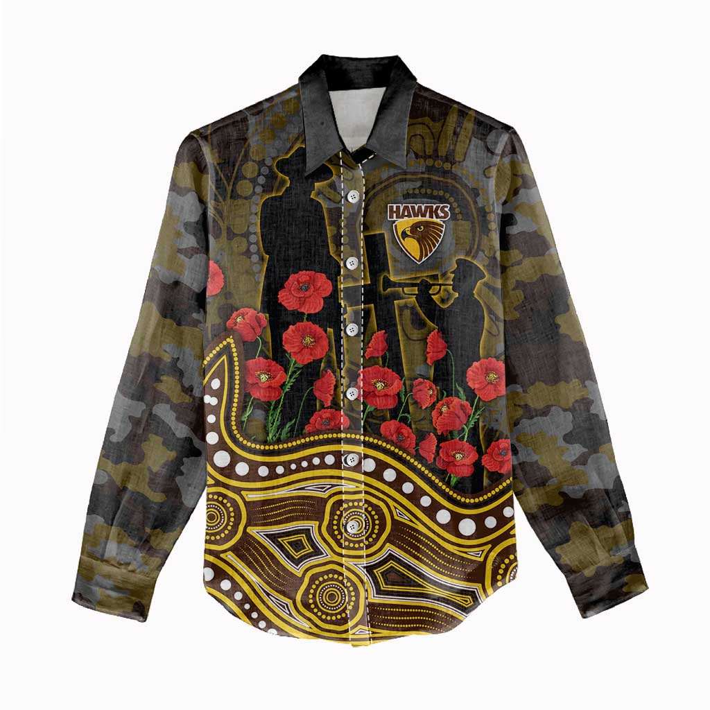 Hawthorn Hawks ANZAC Day Women Casual Shirt Indigenous Dot Art with Poppy Flower Tribute