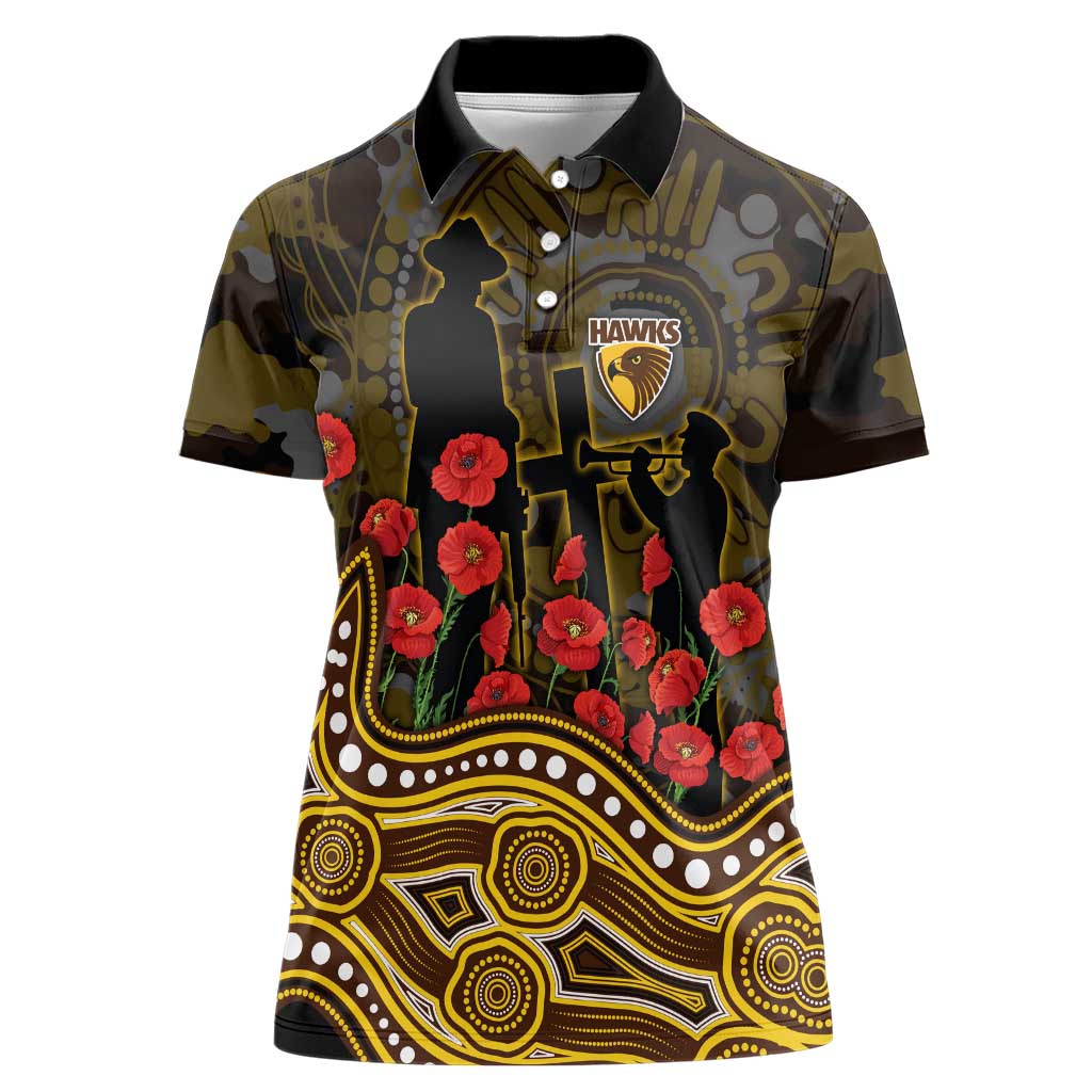 Hawthorn Hawks ANZAC Day Women Polo Shirt Indigenous Dot Art with Poppy Flower Tribute