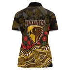 Hawthorn Hawks ANZAC Day Women Polo Shirt Indigenous Dot Art with Poppy Flower Tribute