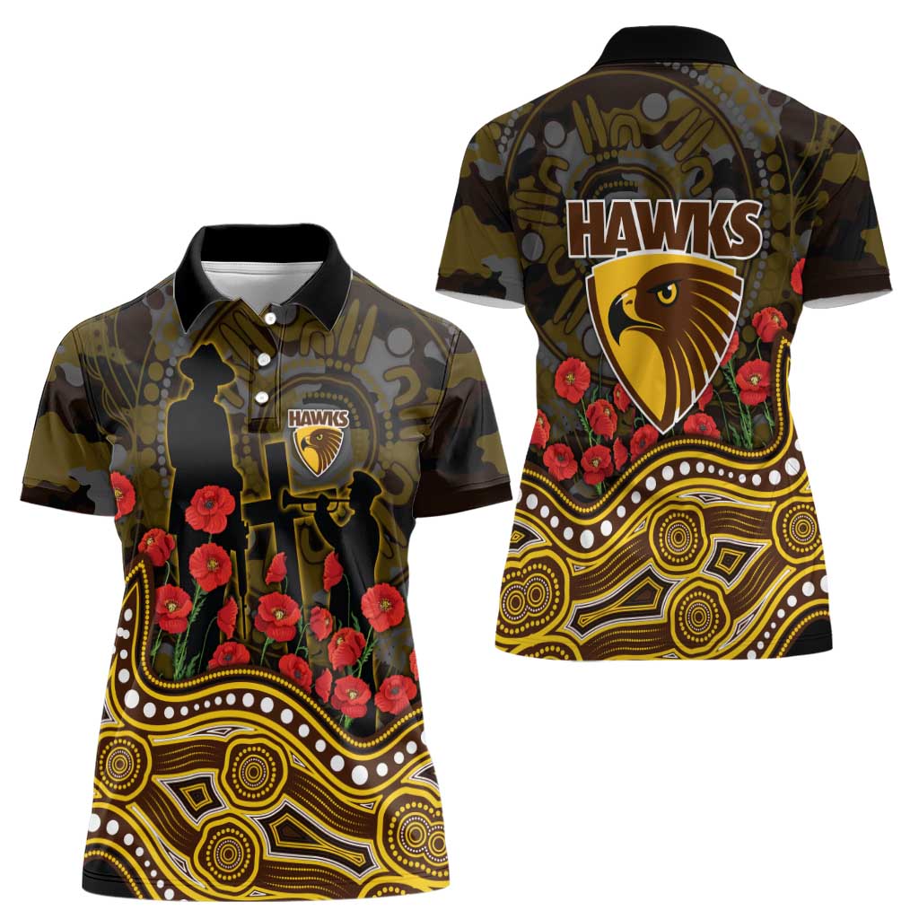 Hawthorn Hawks ANZAC Day Women Polo Shirt Indigenous Dot Art with Poppy Flower Tribute