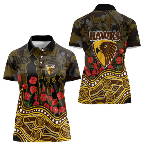 Hawthorn Hawks ANZAC Day Women Polo Shirt Indigenous Dot Art with Poppy Flower Tribute