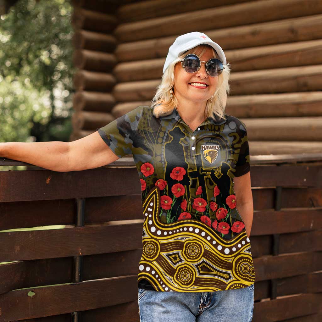 Hawthorn Hawks ANZAC Day Women Polo Shirt Indigenous Dot Art with Poppy Flower Tribute