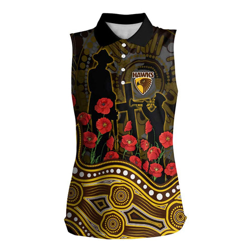 Hawthorn Hawks ANZAC Day Women Sleeveless Polo Shirt Indigenous Dot Art with Poppy Flower Tribute