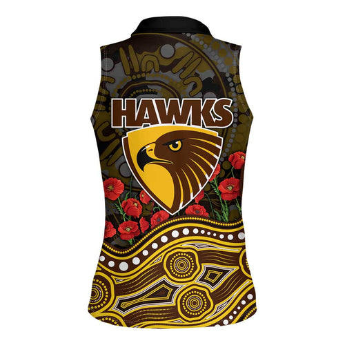 Hawthorn Hawks ANZAC Day Women Sleeveless Polo Shirt Indigenous Dot Art with Poppy Flower Tribute