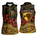 Hawthorn Hawks ANZAC Day Women Sleeveless Polo Shirt Indigenous Dot Art with Poppy Flower Tribute
