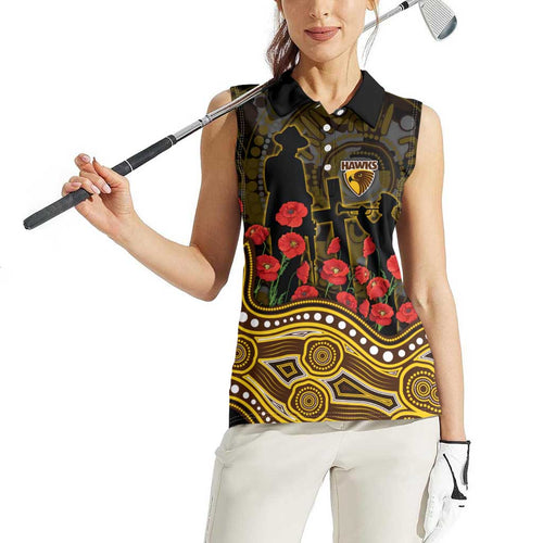 Hawthorn Hawks ANZAC Day Women Sleeveless Polo Shirt Indigenous Dot Art with Poppy Flower Tribute