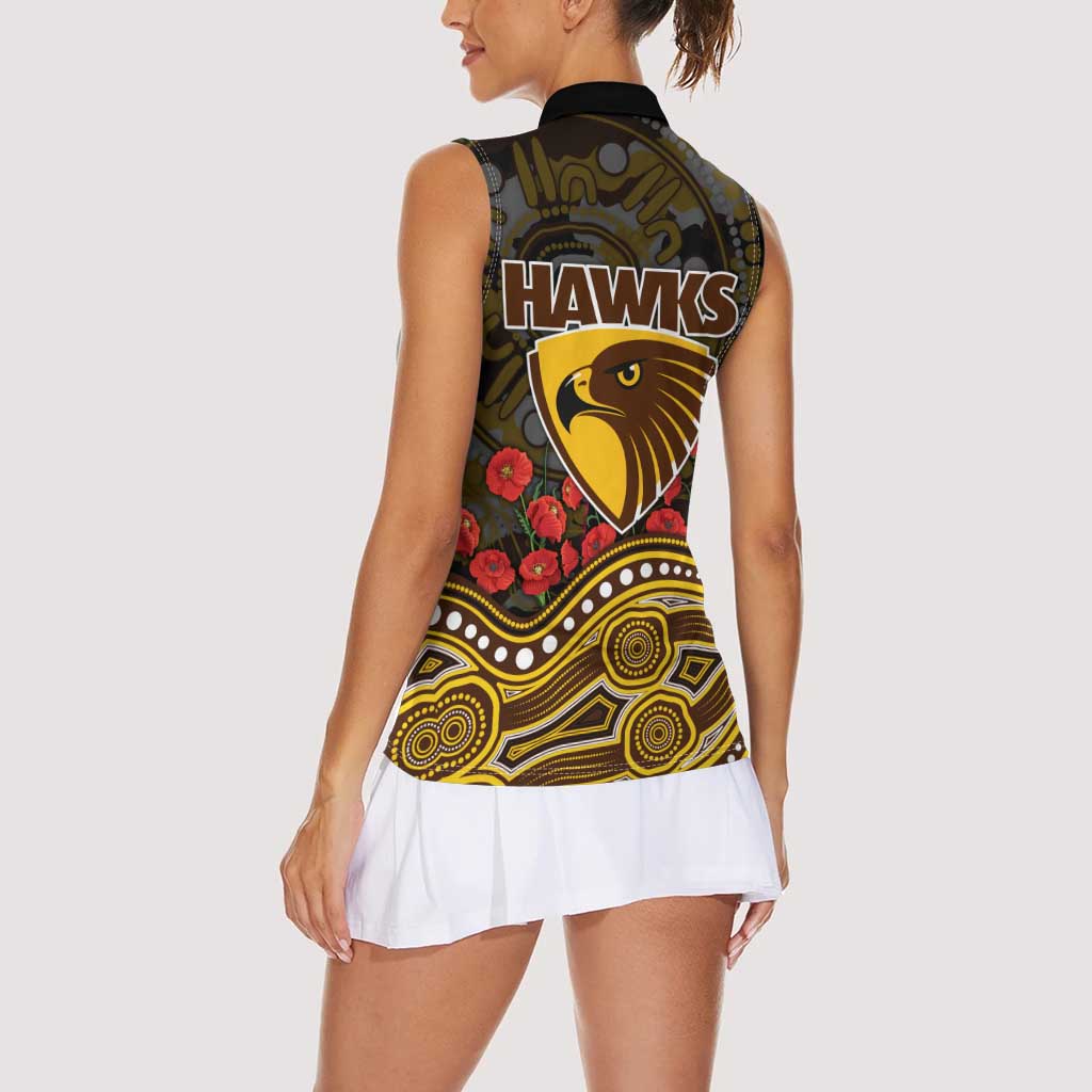 Hawthorn Hawks ANZAC Day Women Sleeveless Polo Shirt Indigenous Dot Art with Poppy Flower Tribute