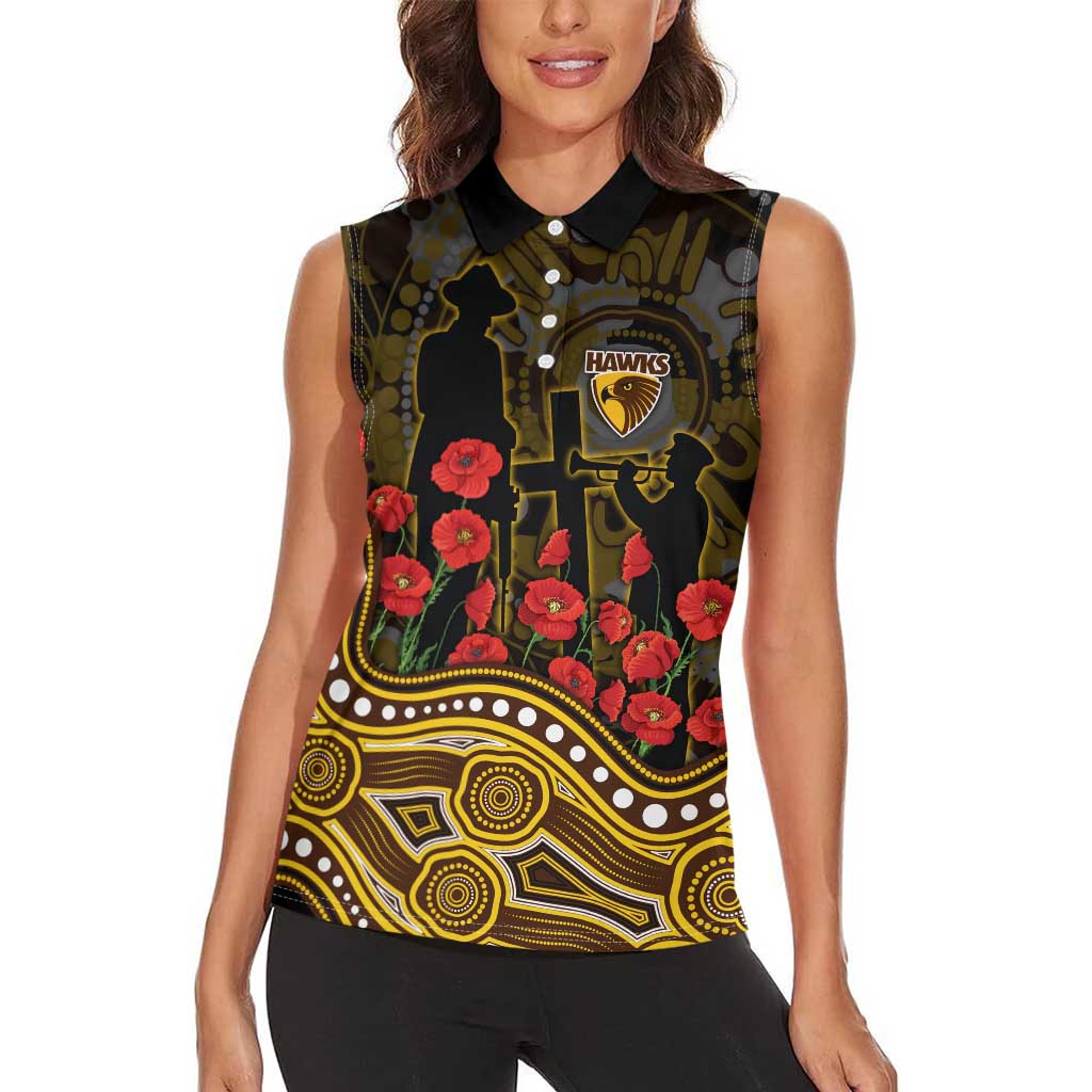 Hawthorn Hawks ANZAC Day Women Sleeveless Polo Shirt Indigenous Dot Art with Poppy Flower Tribute