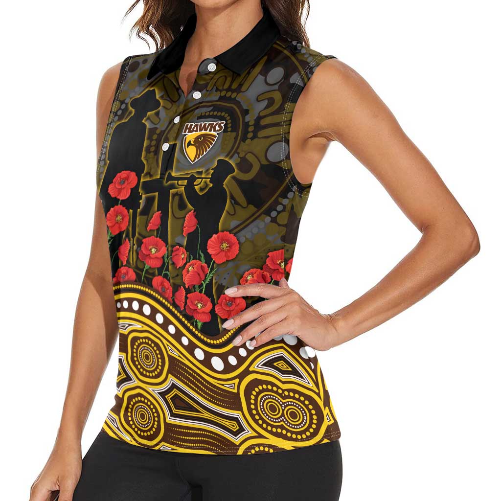 Hawthorn Hawks ANZAC Day Women Sleeveless Polo Shirt Indigenous Dot Art with Poppy Flower Tribute