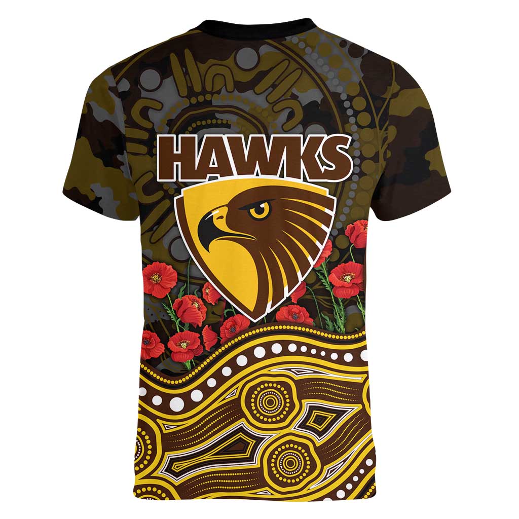 Hawthorn Hawks ANZAC Day Women V-Neck T-Shirt Indigenous Dot Art with Poppy Flower Tribute