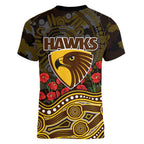 Hawthorn Hawks ANZAC Day Women V-Neck T-Shirt Indigenous Dot Art with Poppy Flower Tribute