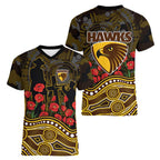 Hawthorn Hawks ANZAC Day Women V-Neck T-Shirt Indigenous Dot Art with Poppy Flower Tribute