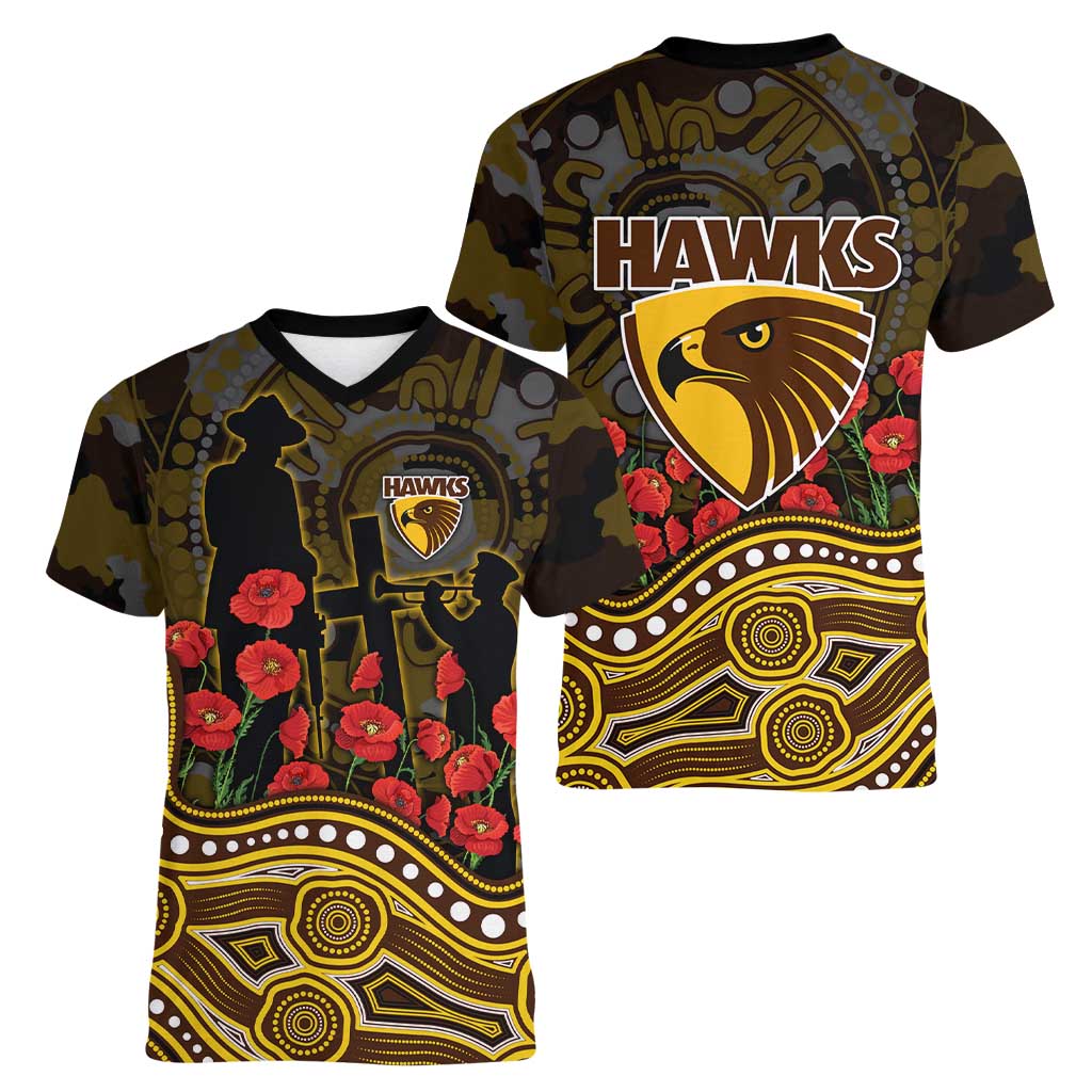 Hawthorn Hawks ANZAC Day Women V-Neck T-Shirt Indigenous Dot Art with Poppy Flower Tribute
