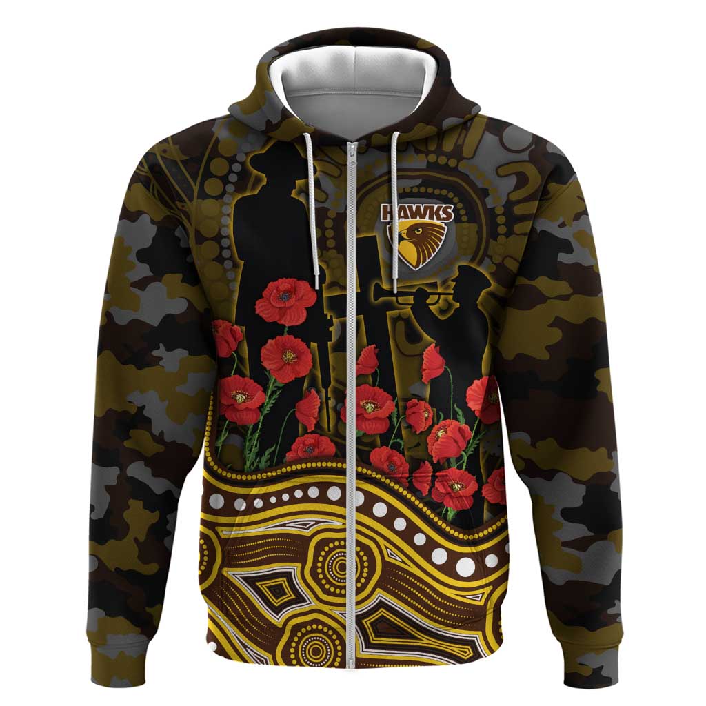 Hawthorn Hawks ANZAC Day Zip Hoodie Indigenous Dot Art with Poppy Flower Tribute