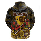 Hawthorn Hawks ANZAC Day Zip Hoodie Indigenous Dot Art with Poppy Flower Tribute