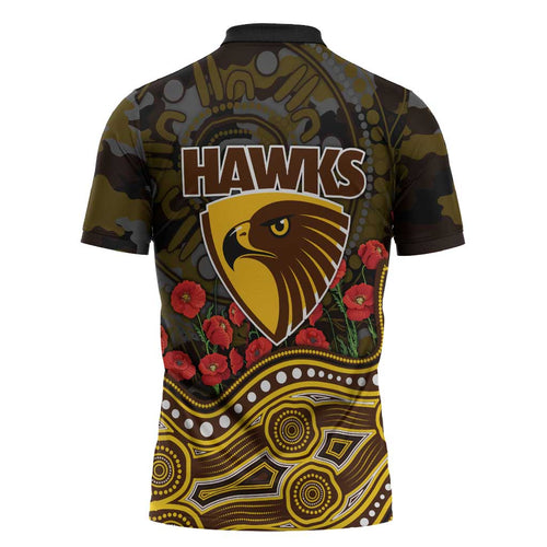 Hawthorn Hawks ANZAC Day Zipper Polo Shirt Indigenous Dot Art with Poppy Flower Tribute